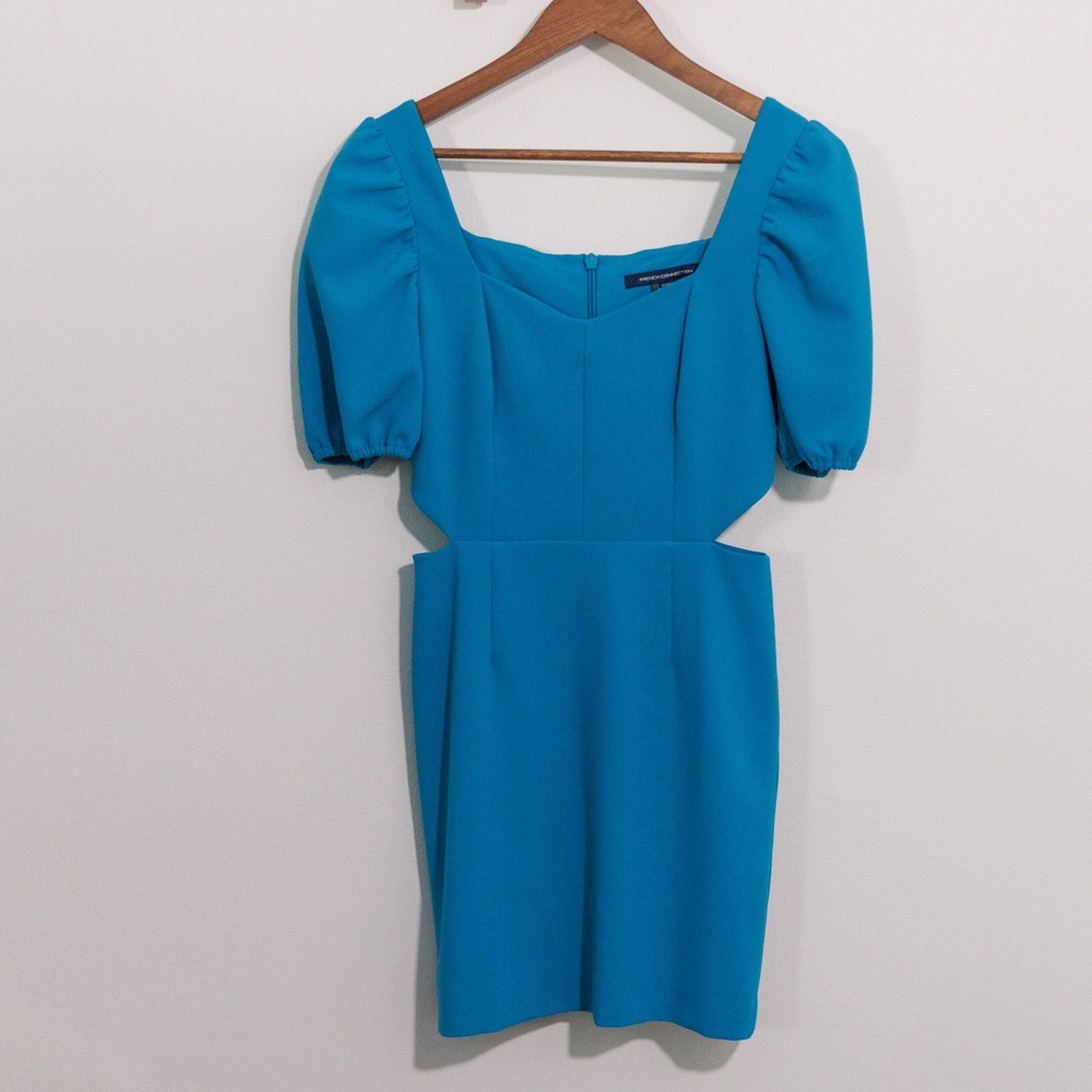 French Connection Blue Cut Out Puff Sleeve Mini Dress Sweetheart Neck Size 2
